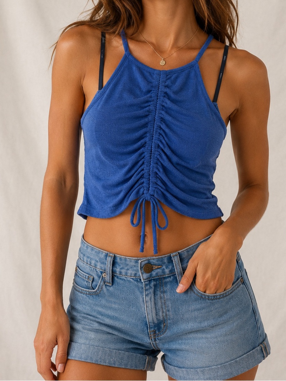 Forever 21 Cobalt Blue Ruched Tie-Front Tank